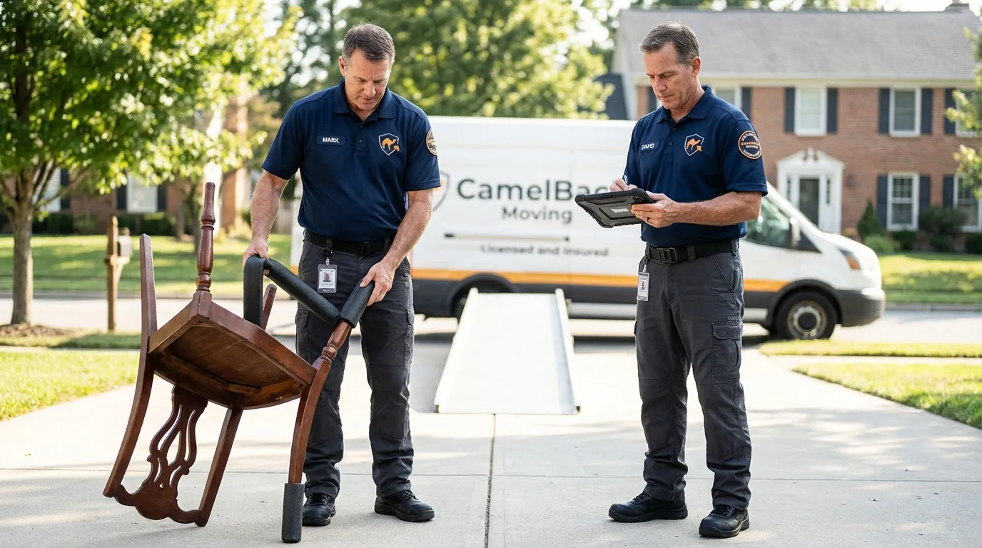 Movers inspecting furniture for damage prevention before loading in Hollis, NY
