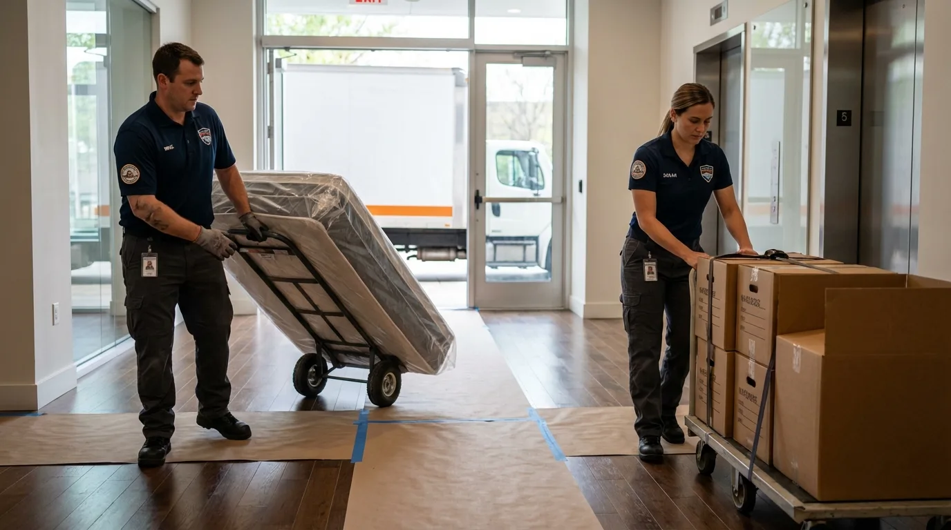 Professional apartment movers loading elevator in Hollis, NY