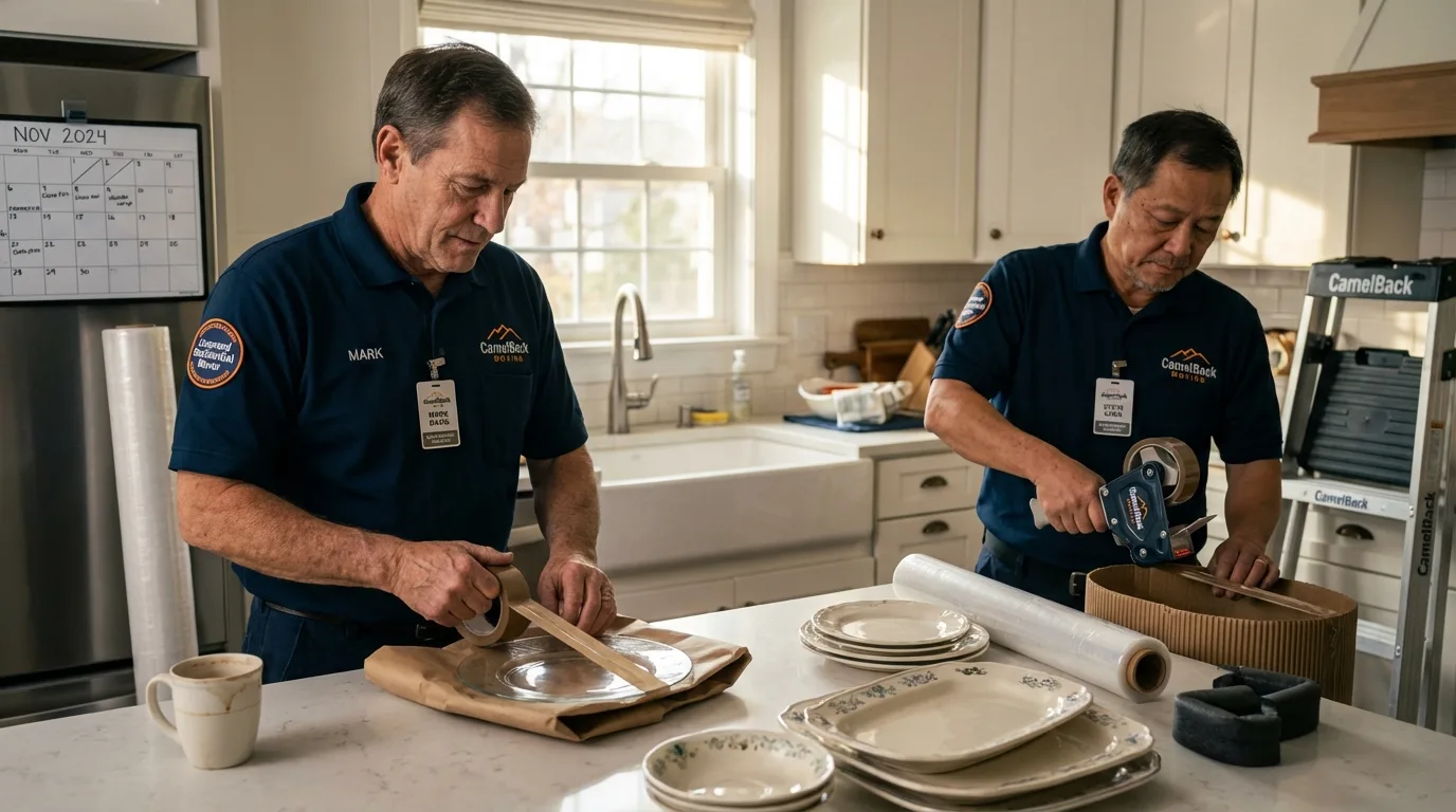 Professional crew packing kitchen dishware in Hollis, NY
